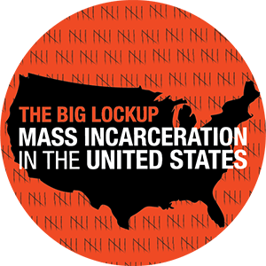 Icon with outline of lower 48 and tick mark by fives in the background. The Big Lockup: Mass Incarceration in the United States.