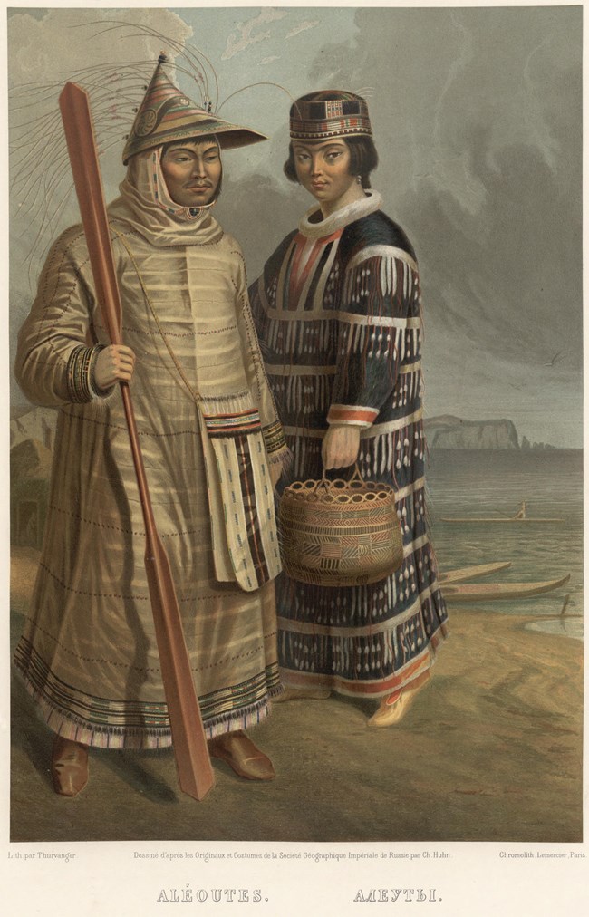 A historic illustration of traditional Unangax clothing featuring a man and woman wearing patterned garments.