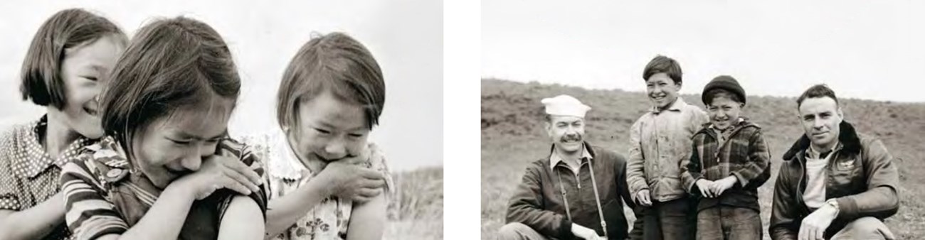 a collage of two images. the lefthand image features shows two young alaska native boys standing between two air force pilots.three alaska native girls giggling in a field. the second image