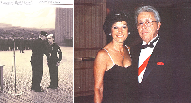 Photo of Joseph Baldeschi receiving purple heart beside recent photo of himself with his wife