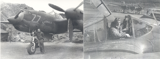 Two photos of Lt. John Geddes and his Lockheed P-38 Lightning, the "Lorna D."