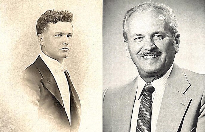 a composite image. left: a portrait of a young man in a tuxedo. right: an older man in suit coat and tie.