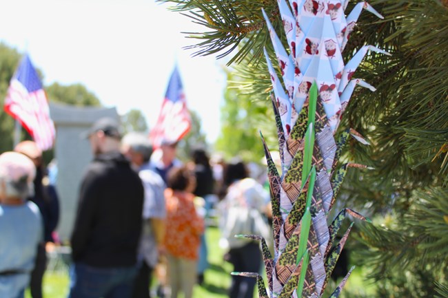 A garland of origami cranes handing from a tree. A large group of people are out of focus in the background.