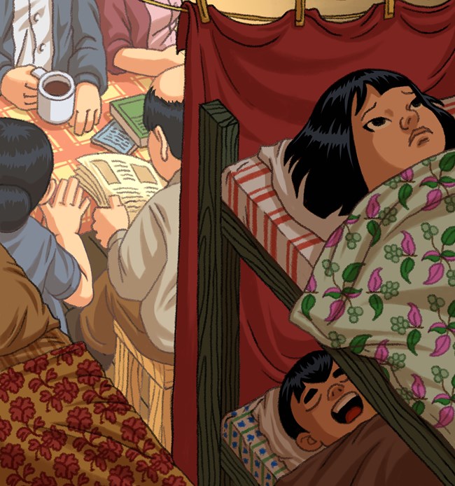 Illustration on two children in bunkbeds. Young boy on the lower bunk is snoring while the young girl on the top bunk lies awake. Behind the bed is a curtain divider with adults sitting around a table.