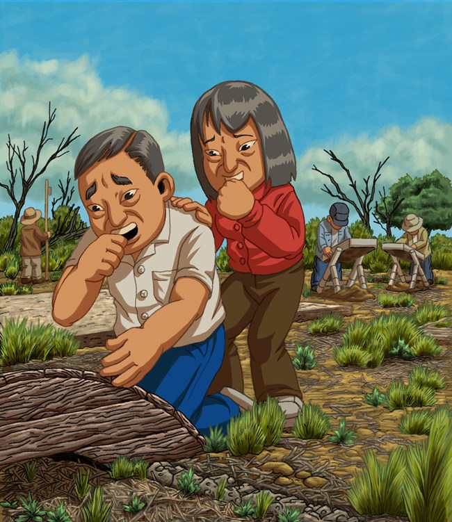 Cartoon drawing of an elderly man kneeling next to a wooden bridge. An elderly woman is standing behind him. Both look very emotional. People in the background are going archeology