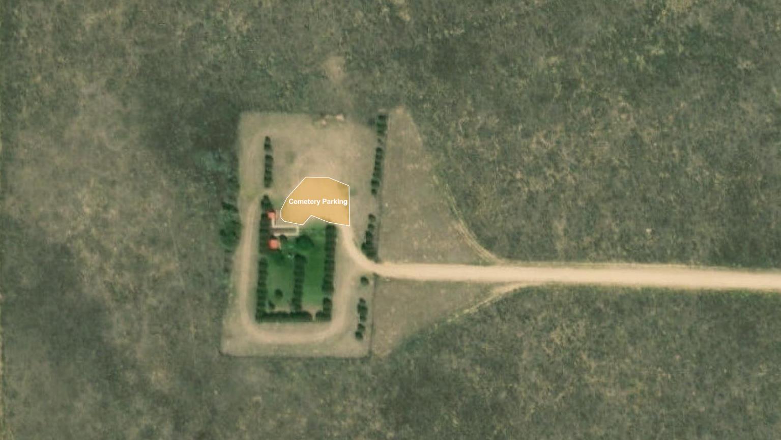 Zoomed in map of the cemetery. A small orange polygon is labeled "cemetery parking."