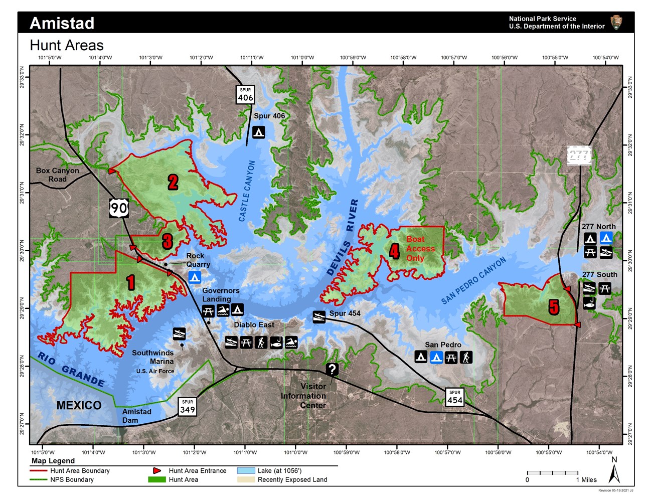 Map view of the 5 hunt areas. From left to right are areas 1, 3, and 2 on the edge of a wide peninsula bounded by the Rio Grande and Castle Canyon, area 4 on an isthmus bounded by Devils River and San Pedro Canyon, and area 5 south of San Pedro Canyon.