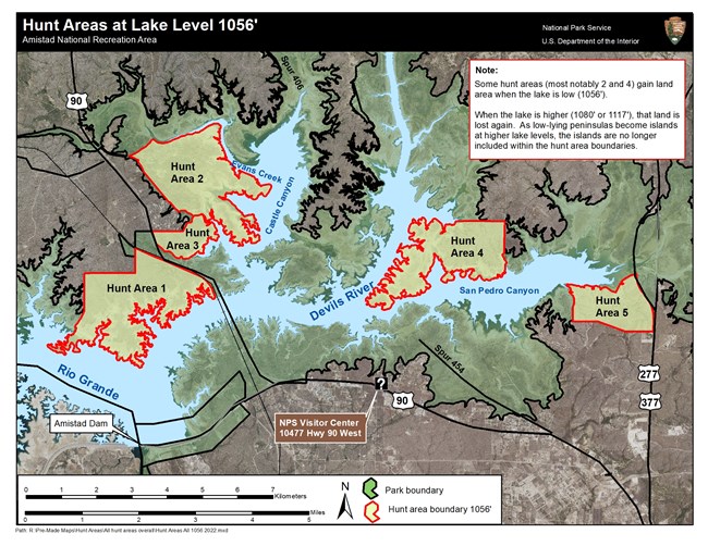 Map of designated hunt areas. There are five designated hunt areas outlined in red; three to the west and two to the east.