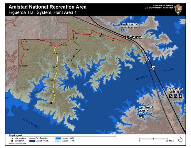 Aerial map showing a series of trails that comprise the longest section in the recreation area. Located on the old Figueroa Ranch, these rolling trails will take you through desert and shrubland plants, while providing views of the lake and the dam.
