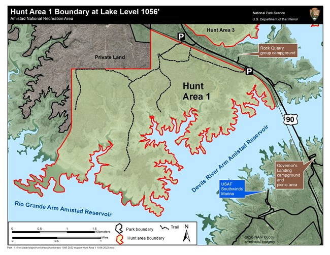 Map of Hunt Area One outlined in red and filled with green. Bounded on the west and south by the reservoir, the east by Highway 90 and the train bridge, and the north by a zig-zagged property line.