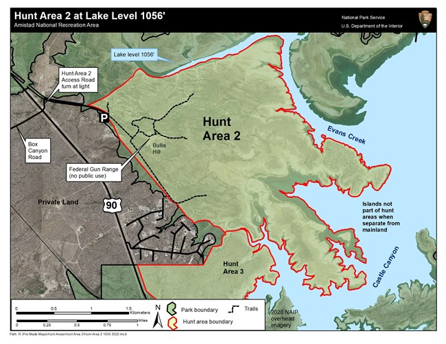 Map of Hunt Area Two outlined in red and filled with green. It is bounded on the west by a property line, the north by a leg of Evans Creek, the east by Evans Creek, and the south by a body of water called Castle Canyon.