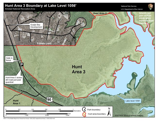 Map of Hunt Area three outlined in red and filled with green. Bounded on the east and partially on the south by the reservoir, the west by Highway 90, and the north by private property.