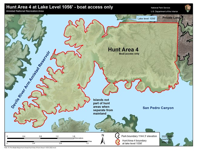 Map of Hunt Area Four outlined in red and filled with green. Bounded on the west and south by the reservoir, the east and north by private property. It can only be accessed by boat. Islands are not part of the hunt area when separated from the mainland.