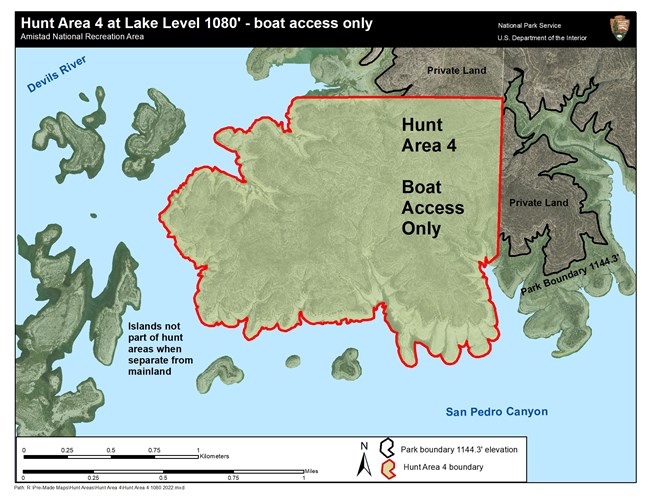 Map of Hunt Area 4 outlined in red and filled in green. It's an isthmus bounded on 3 sides by water: Devils River to west and San Pedro Canyon to south. Private property bounds remaining side of isthmus, so hunt area is "boat access only."