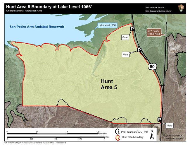 Map of Hunt Area Five outlined in red and filled with green. Bounded on the east by Highway 90, the west by park land off limits to hunting, and partially on the north by the reservoir and partially by park land that is off limits to hunting.