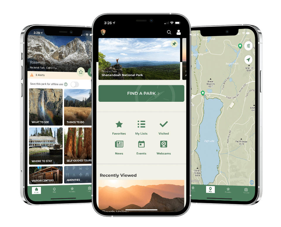 Mockup of iPhone 12 with NPS App open. The NPS app has many options to help you learn about the parks near you while you are on the road.