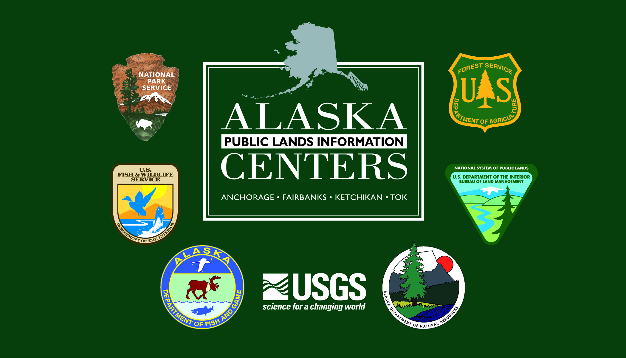 Dark green background with 7 public land agency logos surrounding a central logos reading "Alaska Centers."
