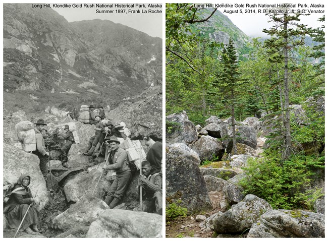Left: historic photo of stampeders standing on a rocky mountainside. Right: modern photo, rocky forested mountainside.