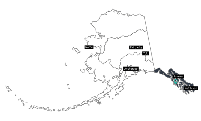 Map of Alaska with bottom right most section highlighted.