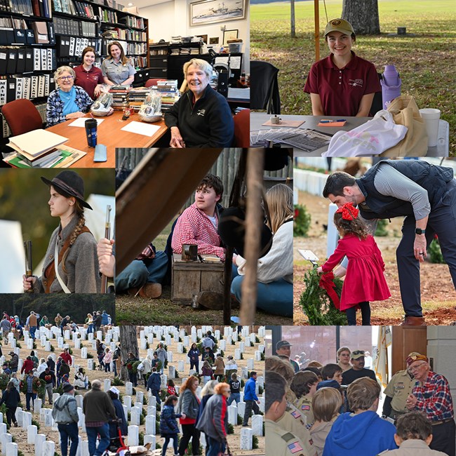A collage of Andersonville volunteers in a variety of roles.