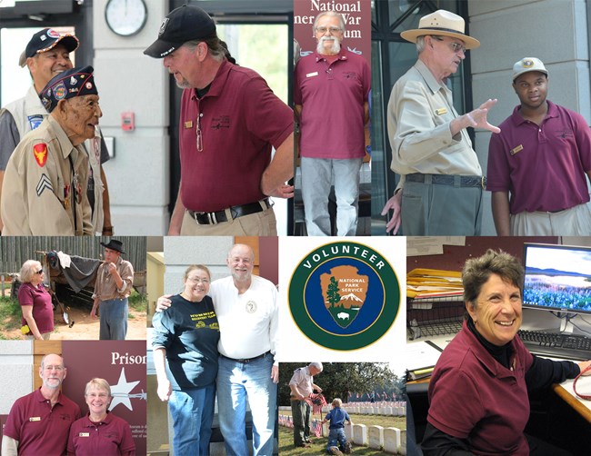 Multiple images of peopple and NPS Volunteers in Parks logo