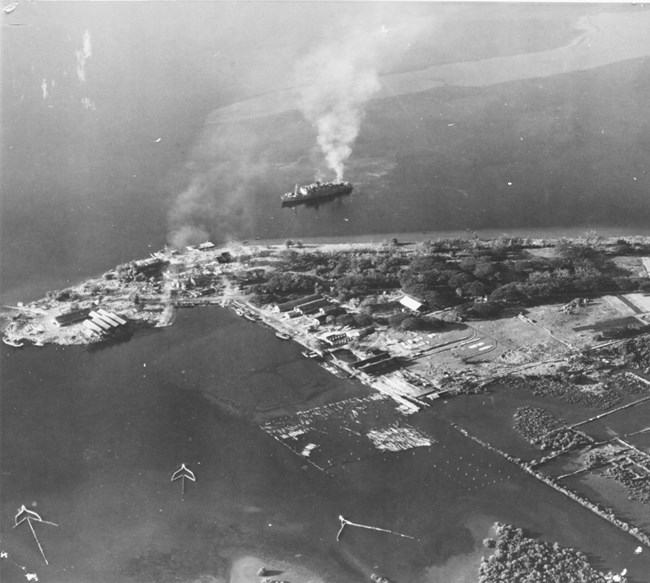 Aerial photo of ship sinking