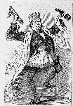 Political cartoon shows Andrew as a king celebrating his acquittal