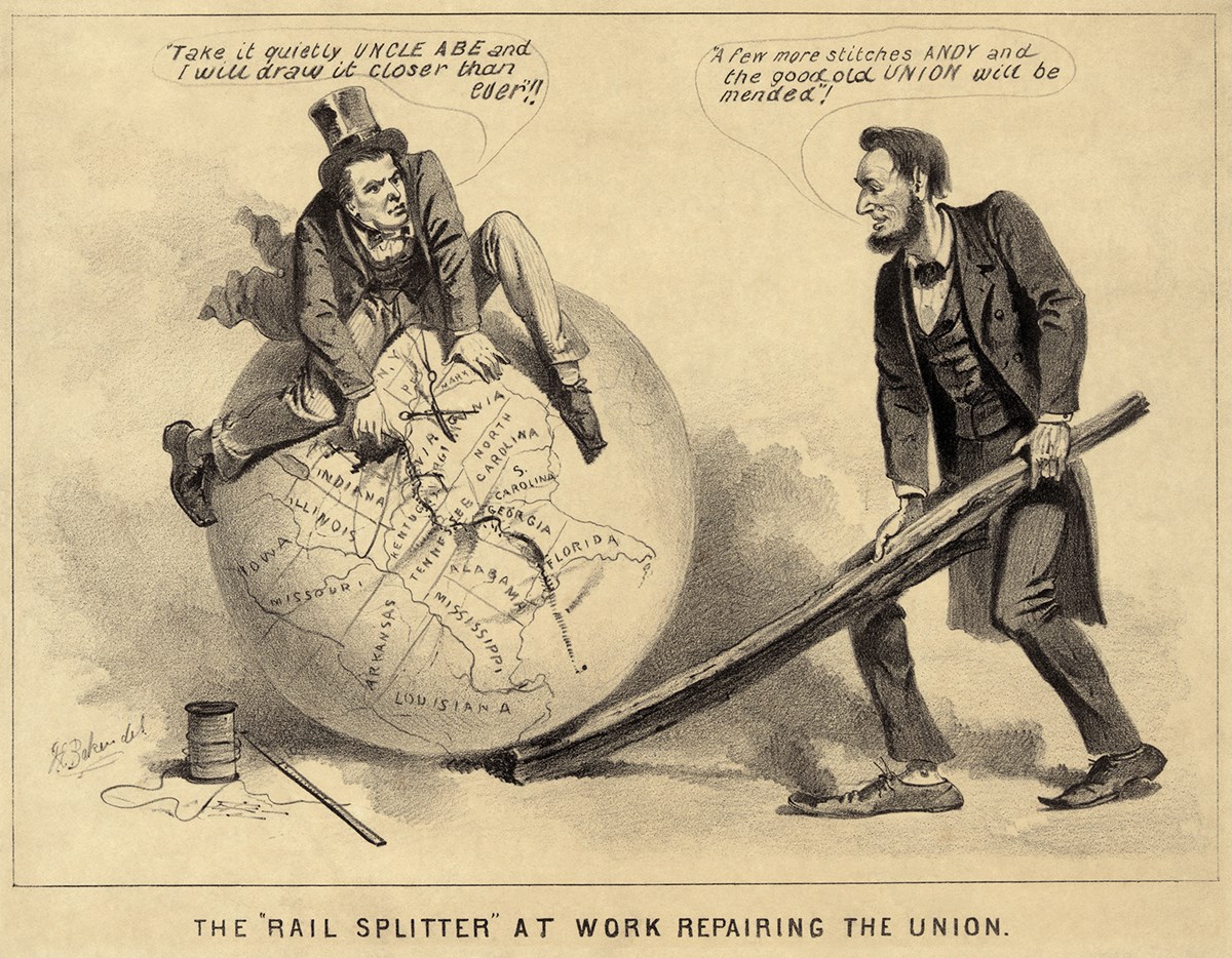 Lincoln the rail-splitter holds a rail holding up the globe as Johnson, the tailor, sits on the globe and tries to stitch back the country along the split between the Northern and Southern states.