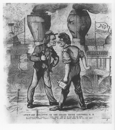 Andrew Johnson and Thaddeus Stevens face off as train engineers with the trains as their policies