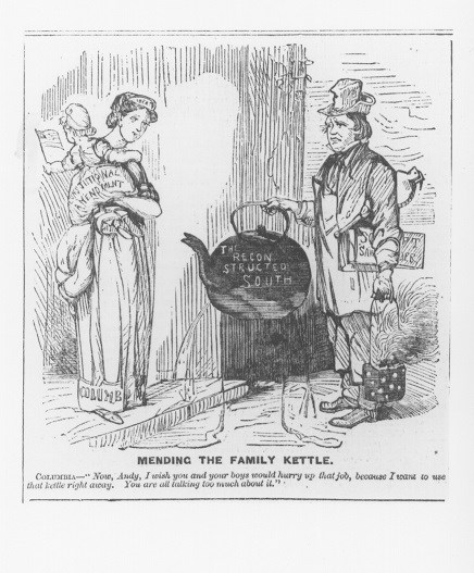 A political cartoon with Johnson holding a leaky kettle called reconstruction with Columbia waiting to use it.