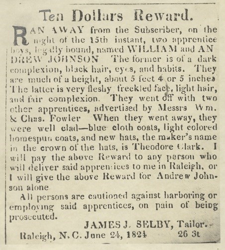 An old reward flyer for Johnson's return as a runaway apprentice