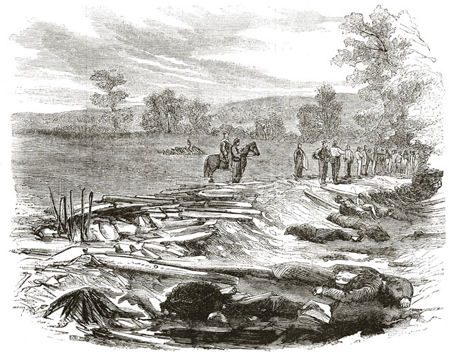 sketch of dead soldiers in a farm lane