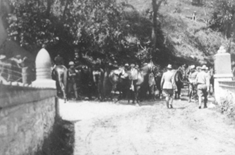 Black and white photo of army personnel with horses gathered at Burnside Bridge.