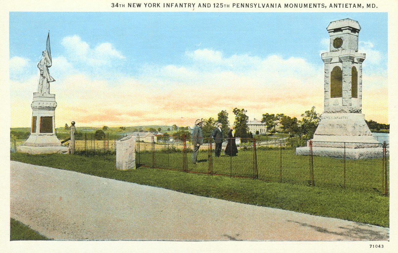 Historic postcard of the 125 Pennsylvania and 34 New York Monuments