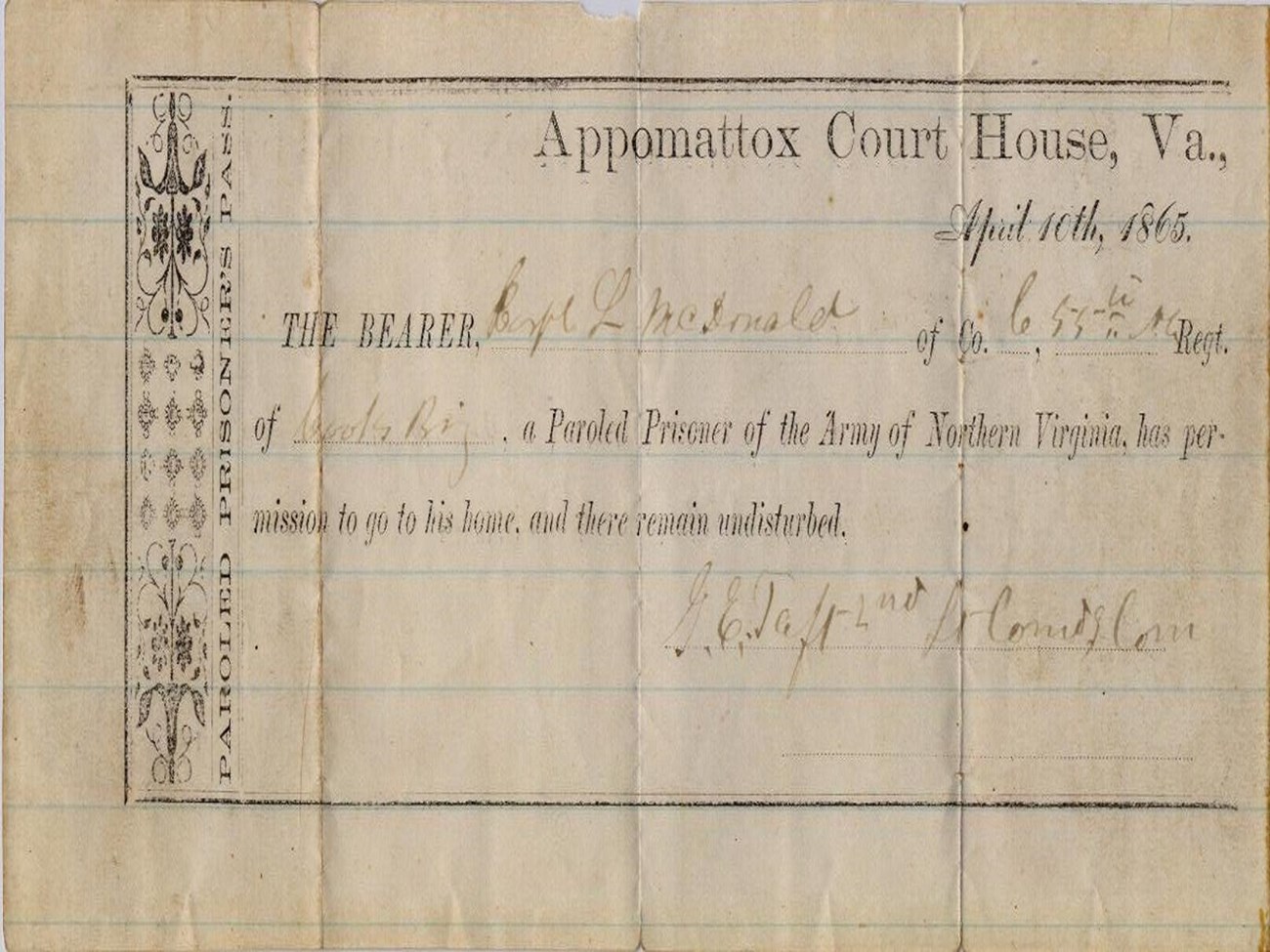 paper stamped with text reading "Appomattox Court House, VA April 10th, 1865. The BEARER, L. McDonald of company and regiment (text illegible) a paroled Prisoner of the Army of Northern Virginia, has permission to go to his home, and remain undisturbed.