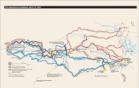 The Appomattox Campaign Map - Lee's Retreat Route, from Petersburg and Richmond to Appomattox Court House, Virginia.