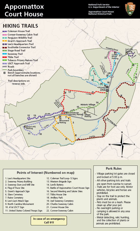 Map of the hiking trails at Appomattox Court House NHP