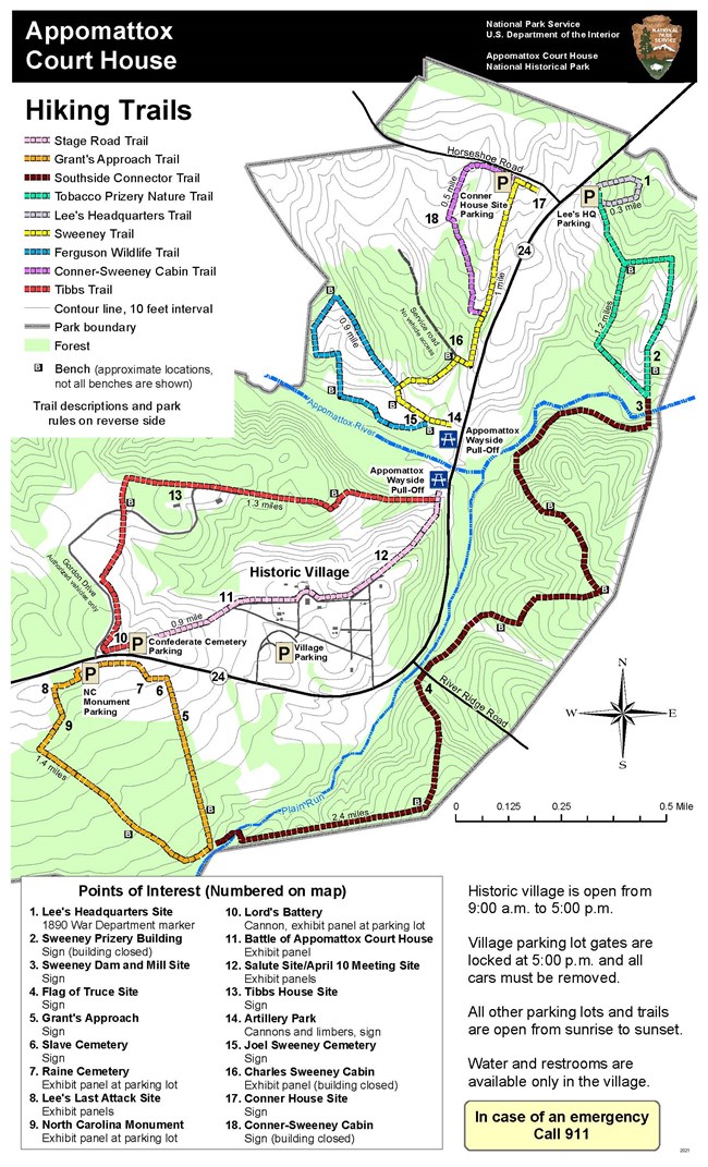 Map of the hiking trails at Appomattox Court House NHP