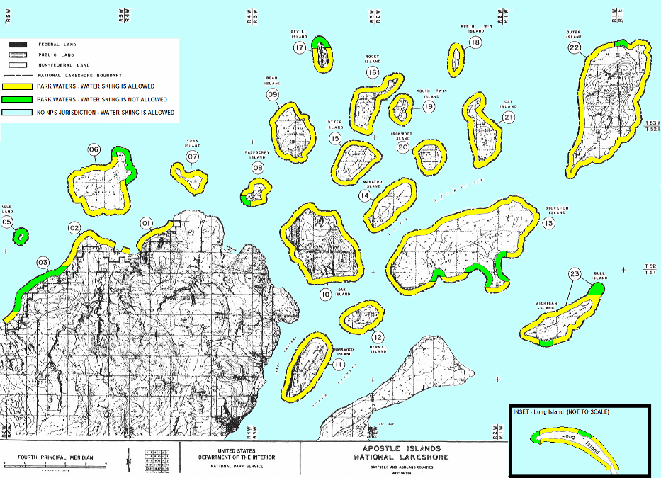Map of Apostle Islands - yellow 1/4-mile boundaries indicate allowed water skiing areas and green 1/4-mile boundaries show where water skiing is not allowed around each island.