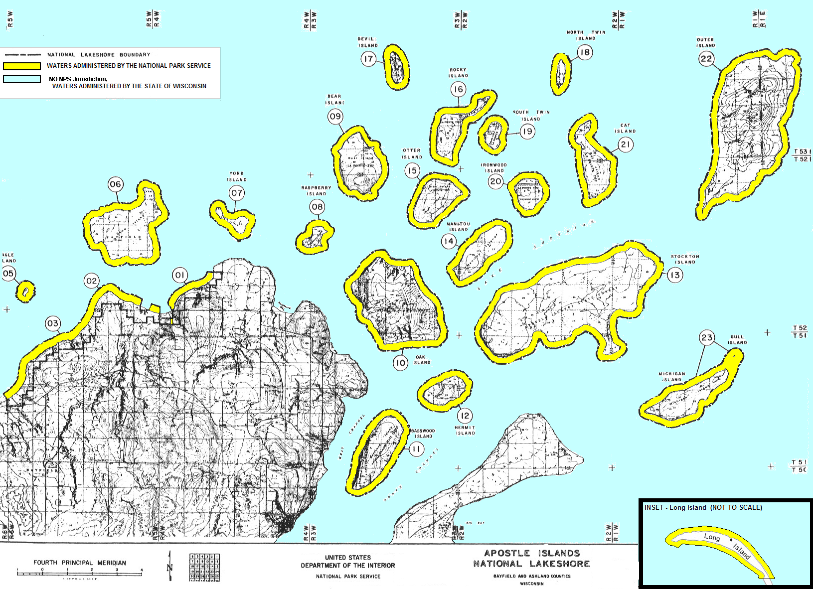 Map of Apostle Islands - yellow 1/4-mile boundaries indicate waters under the jurisdiction of the National Park Service.