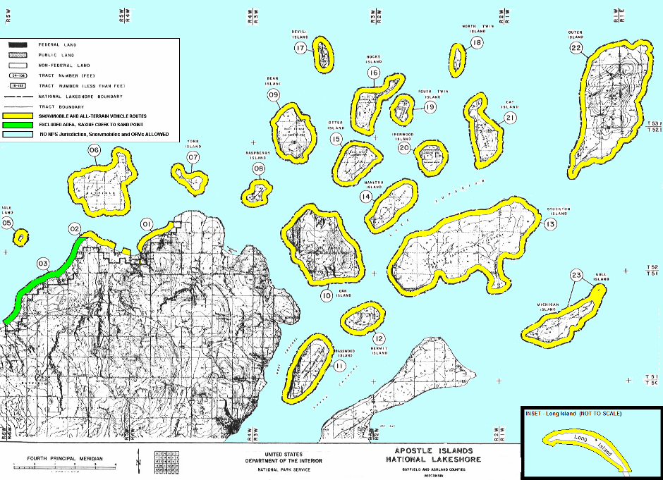 Map of Apostle Islands - yellow 1/4-mile boundaries indicate snowmobile and all-terrain vehicle routes around each island, and green 1/4-mile boundary on left side of map shows and excluded area from Saxine Creek to Sand Point.