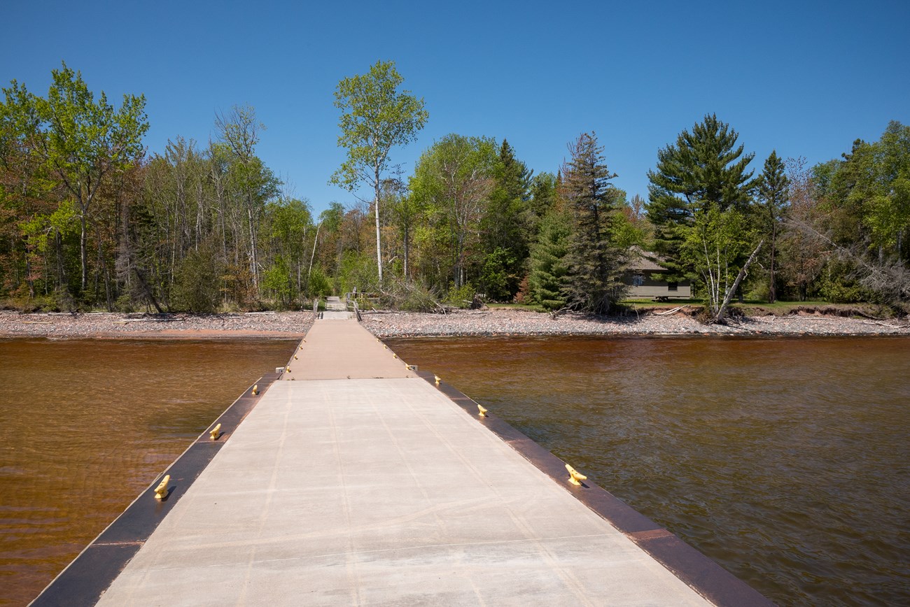 Photograph of concrete dock surrounded by water, leading into trees.