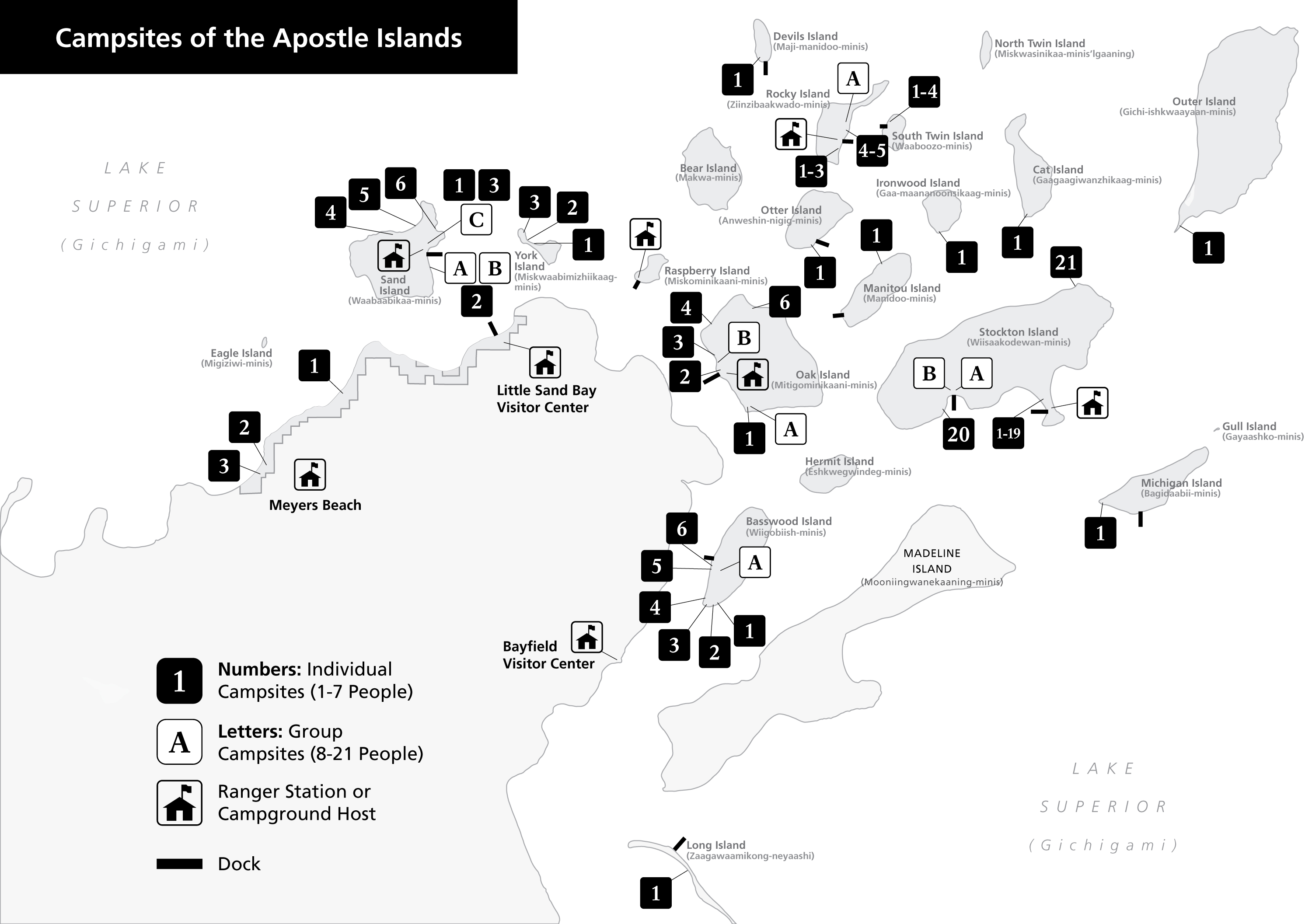 Map of campsite locations in Apostle Islands National Lakeshore.
