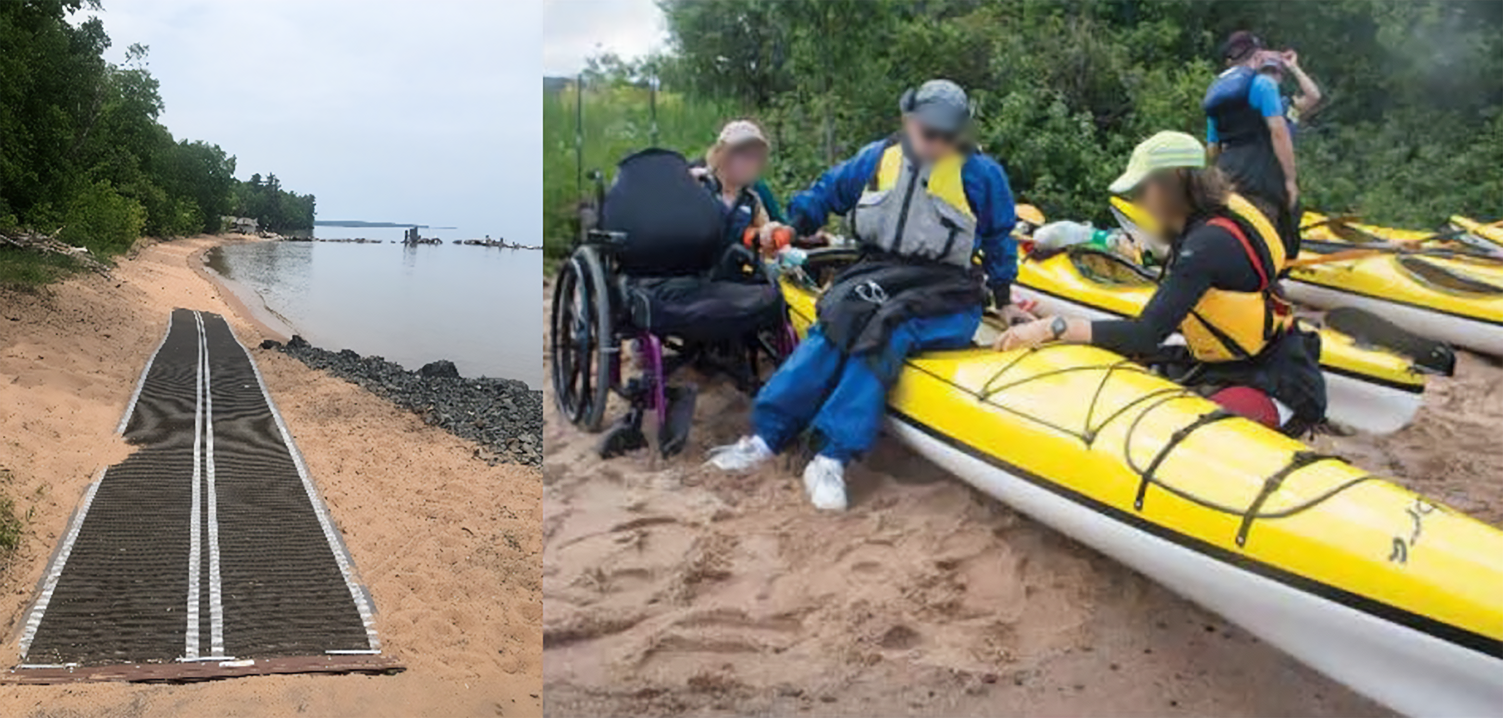 Photograph of black accessible beach mat with lake superior on the right and trees on the left.