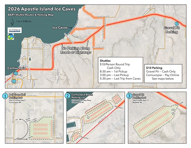 Map from Bayfield County showing park and shuttle locations near Meyers Beach.