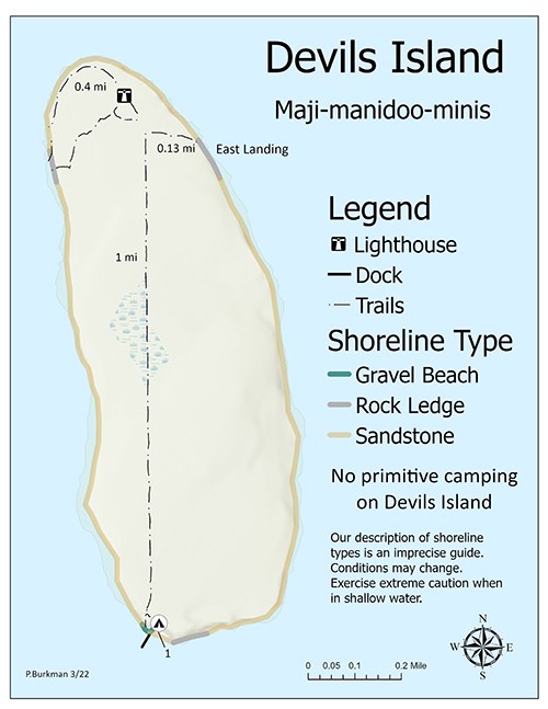 A map of the island showing trails, campsites, and shoreline features as described in the text.