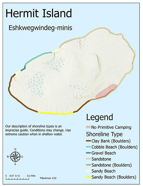 A map of Hermit Island showing trails, shoreline, topography, and primitive camping zones.