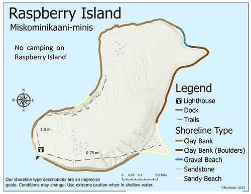 A map of the island showing trails, campsites, and shoreline features as described in the text.