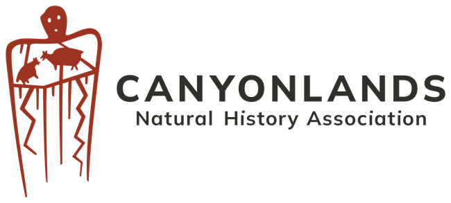 stylized painted figure with animals and descending stripes on torso, text reading Canyonlands Natural History Association