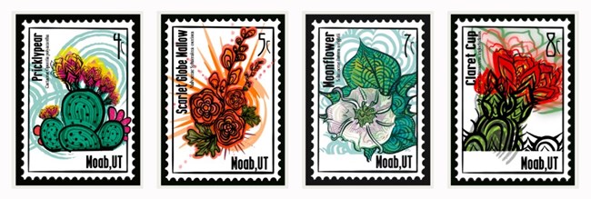 four images, each featuring a native plant in bold colors. Plants are Pricklypear, Scarlet Globemallow, Moonflower, and Claret Cup